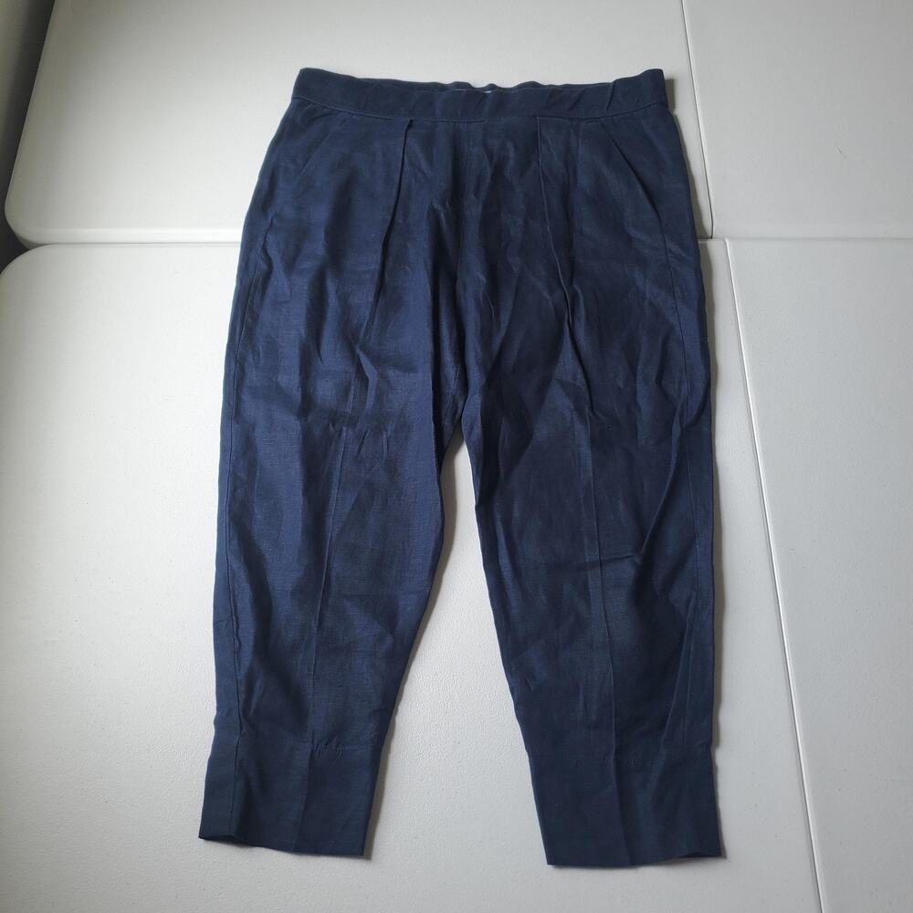 Raquel Allegra Pants Womens 0 Blue Linen Cropped Pleated Pull On Relaxed Fit